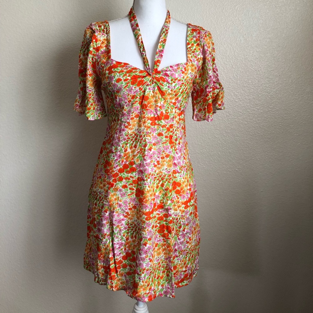 HVN tender loving care Sleeves Halter Mini Sundress floral neck holder bow